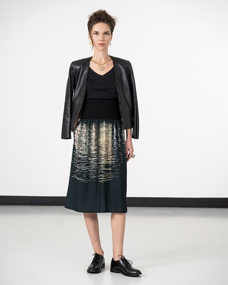 Polyester Satin Skirt – "La Mer la Nuit" Digital Print by agnès b.